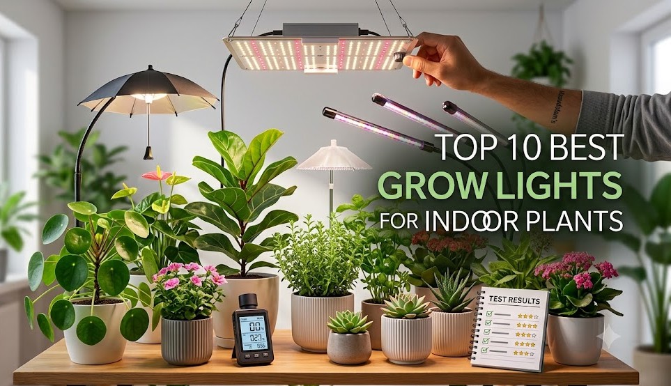 Best grow lights for indoor plants setup featuring a variety of potted houseplants, LED panel lights