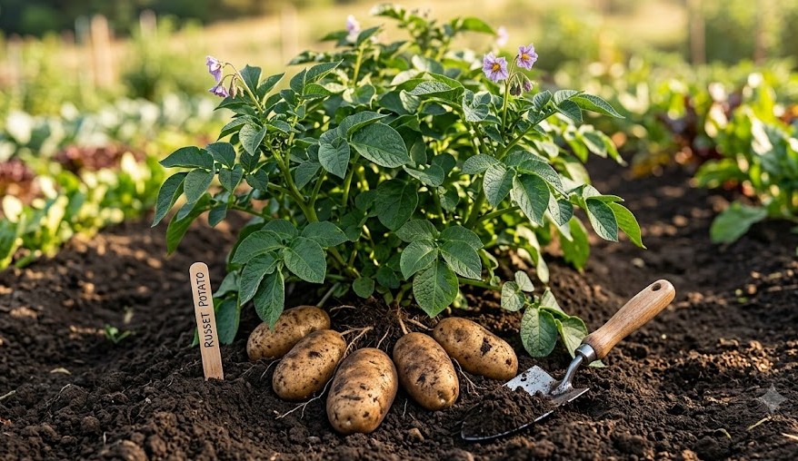 growing and harvesting russet potatoes in a backyard garden bed