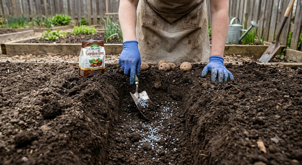 A gardener mixing slow-release organic granular fertilizer into a deep potato planting trench.