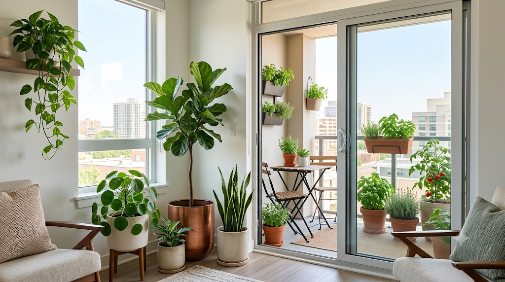 Bright urban apartment featuring indoor plants and a small balcony container garden