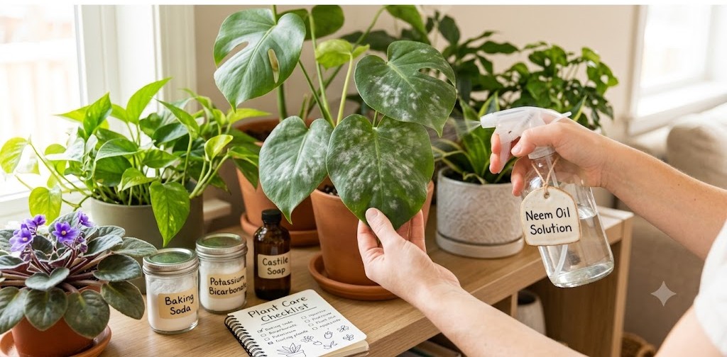 Hand spraying organic neem oil solution onto a powdery mildew-infected houseplant